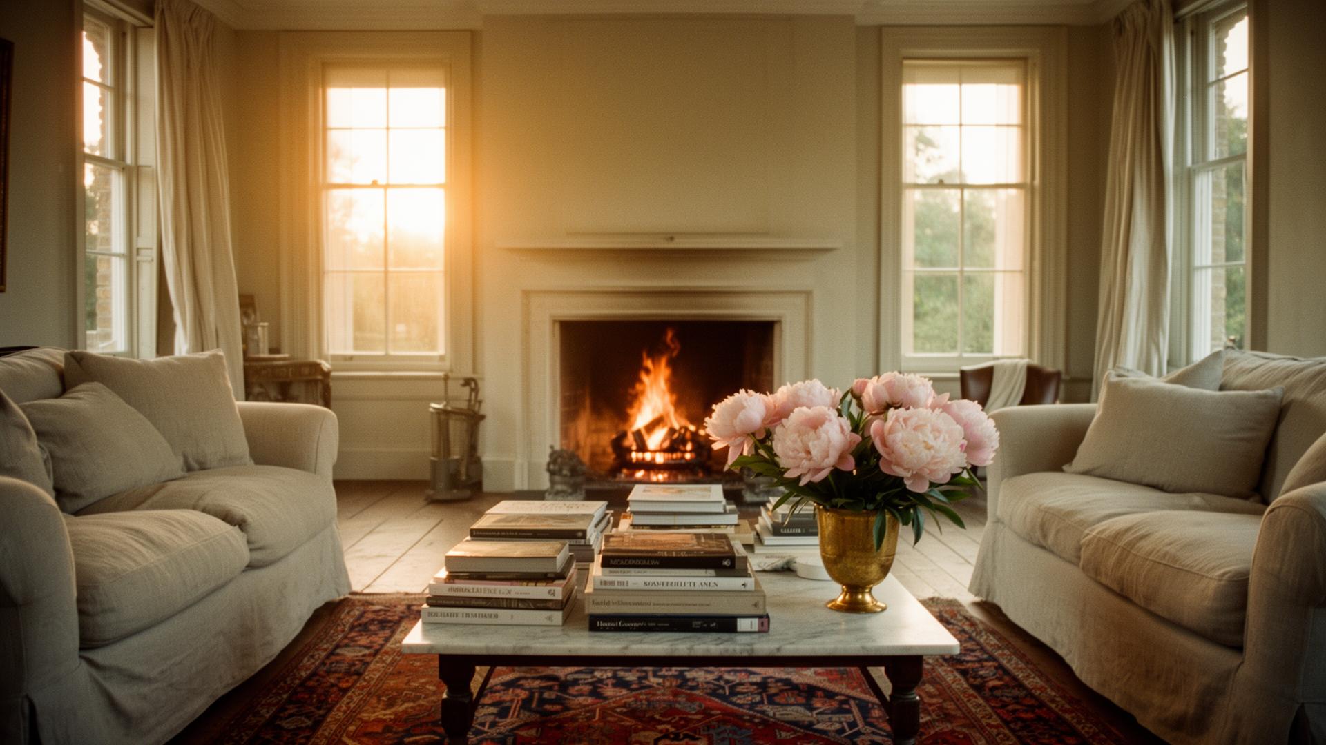 The drawing room of a managed country house at golden hour